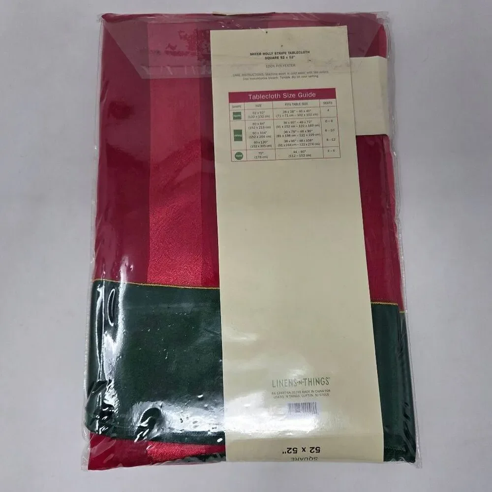 LINENS N THINGS CHRISTMAS SHEER STRIPE POLYESTER SQUARE TABLECLOTH 52